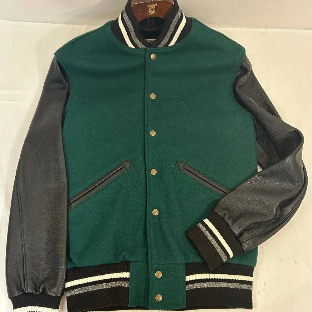 Roots Green Varsity‎ Jacket Sz S Wool Varsity Monogram Sleeve Logo Jacket